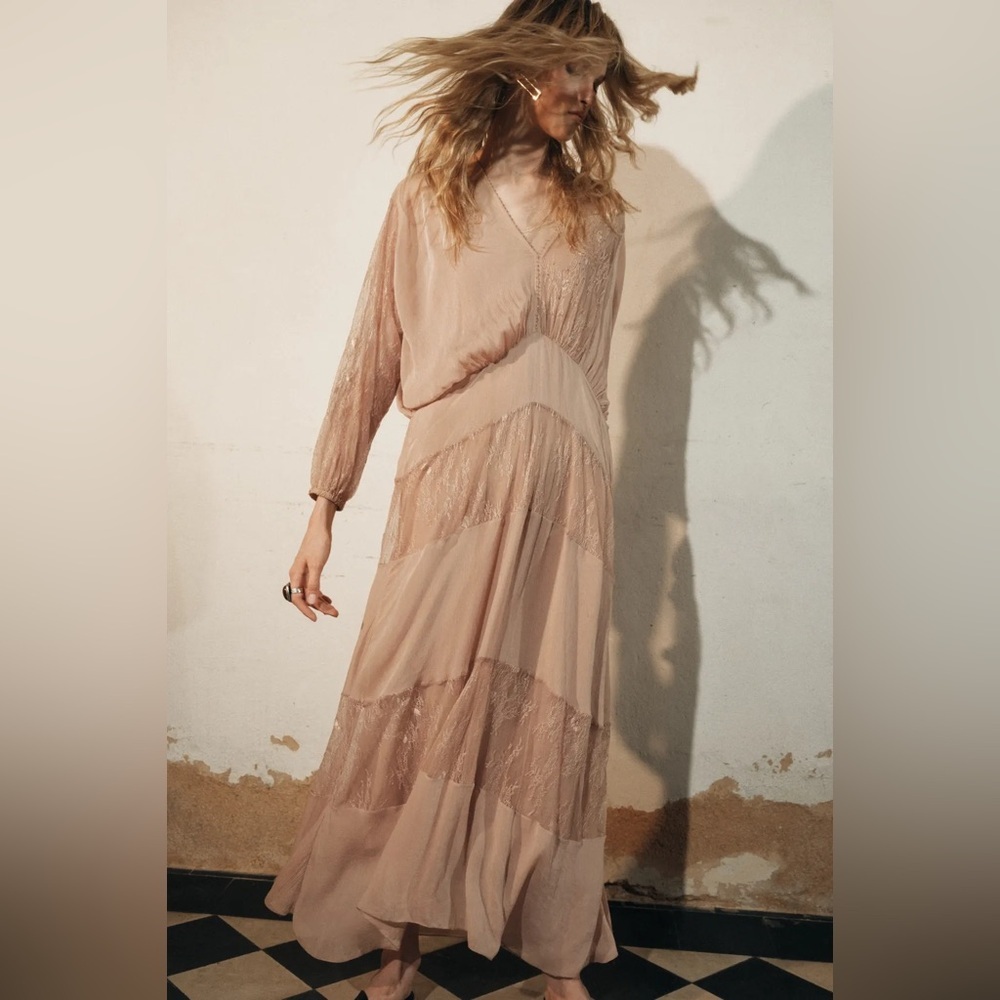 Zara Elegant bohemian  Beige Maxi flowy hippie Dress